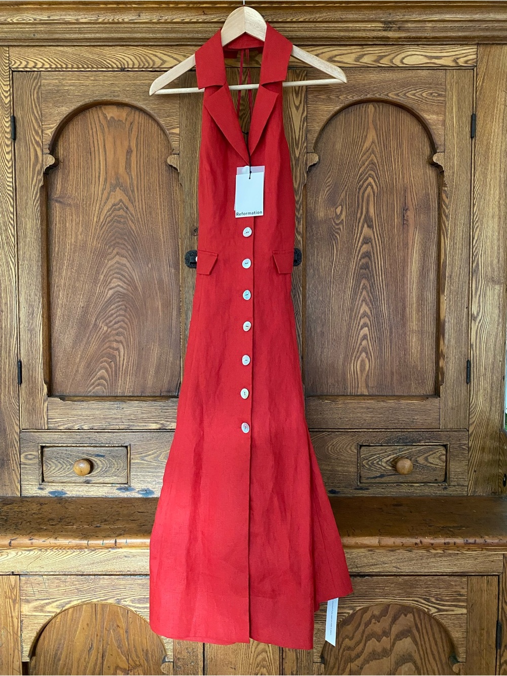 Reformation Masha red linen midi dress 8 halter backless sundried tomato buttons